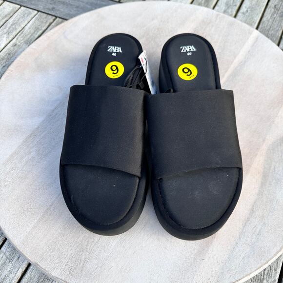 Zara Womens Sandals Size 9 Platform Slides Black Neoprene Block Heel New - Picture 12 of 12